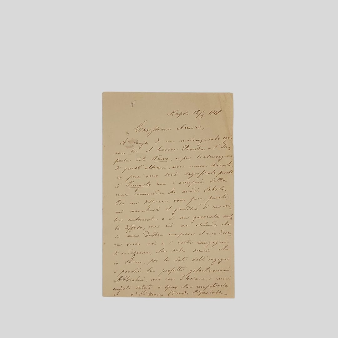 Lettera autografa firmata indirizzata a Floriano Del Secolo, datata ‘Napoli …