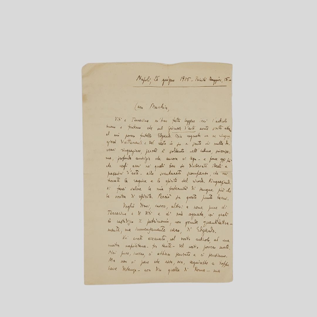 Lettera autografa firmata indirizzata al giornalista Achille Macchia. Datata ‘Napoli …