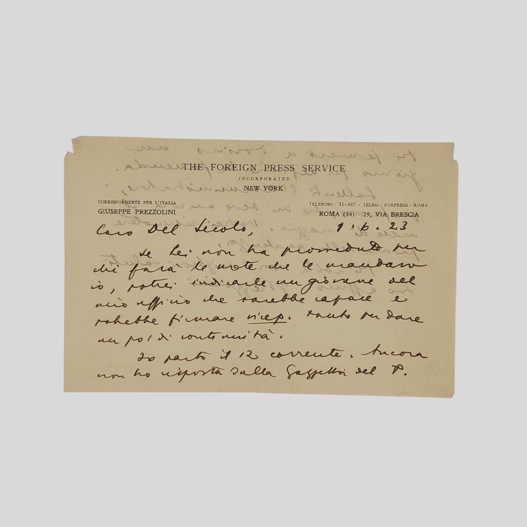 Lettera autografa firmata. Indirizzata al giornalista Floriano Del Secolo, datata …