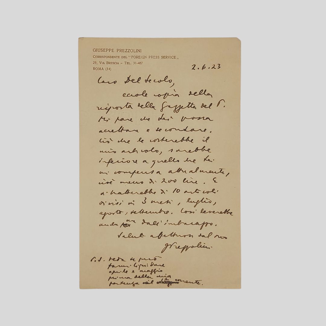 Lettera autografa firmata. Indirizzata al giornalista Floriano Del Secolo, datata …