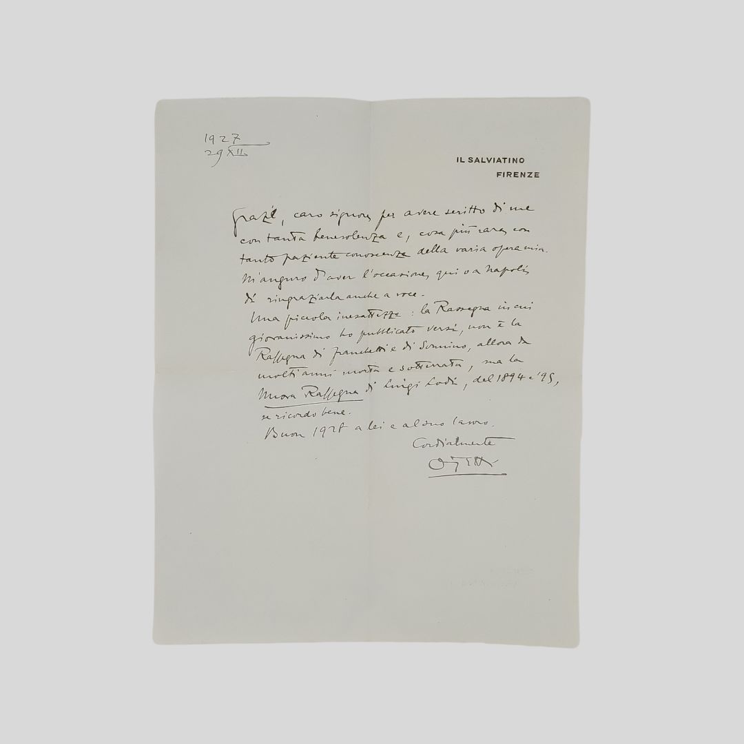 Lettera autografa firmata. Indirizzata al giornalista napoletano Achille Macchia.
