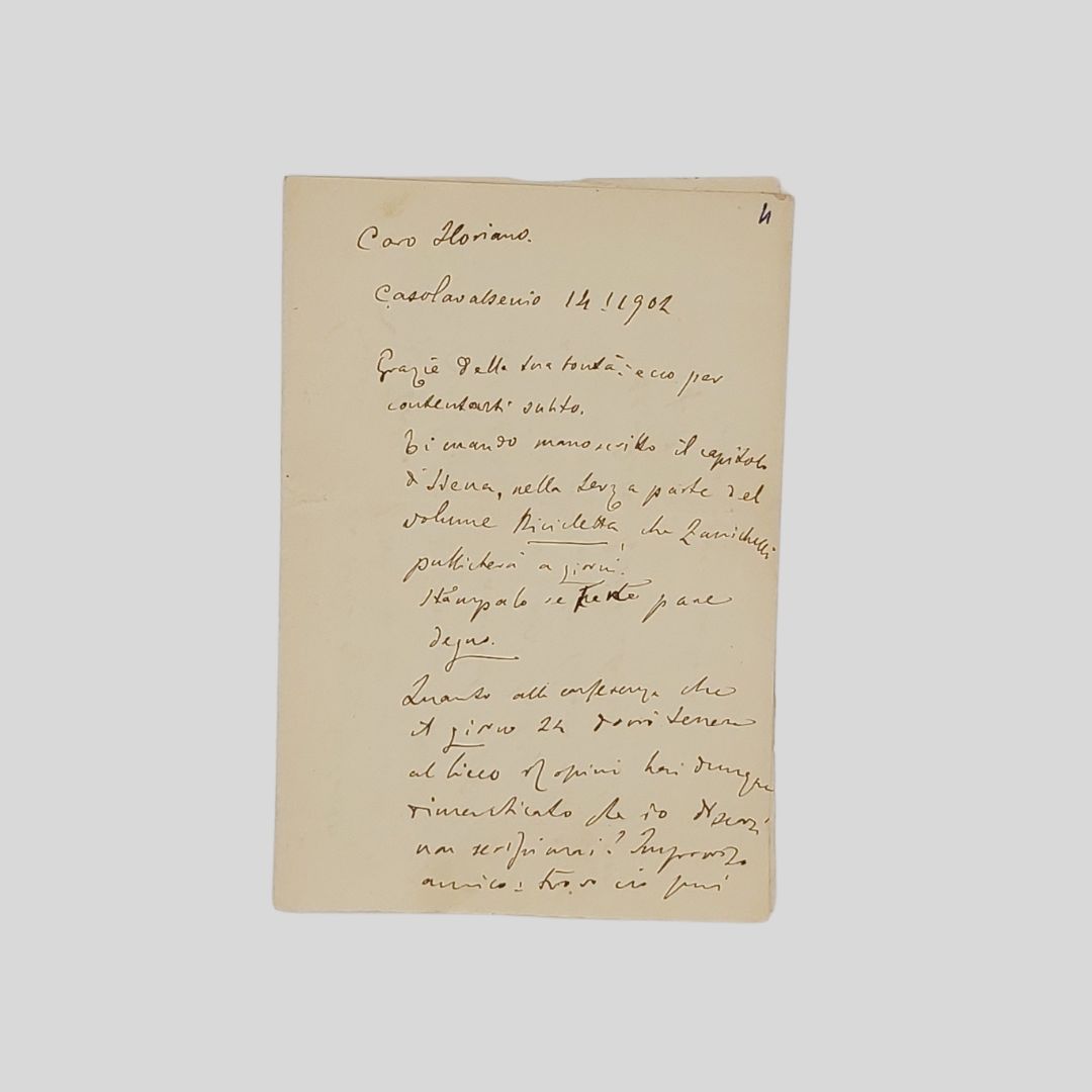 Lettera autografa firmata, indirizzata all’amico Floriano Del Secolo. Datata “Casola …