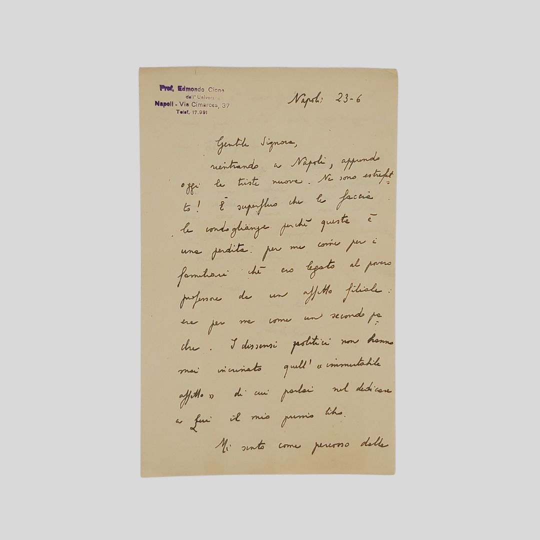 Lettera autografa firmata indirizzata alla vedova di Floriano Del Secolo. …