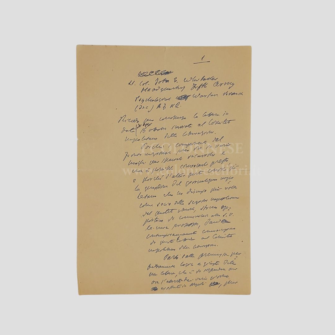 Lettera autografa non firmata. Indirizzata al Ten. Col. John T. …