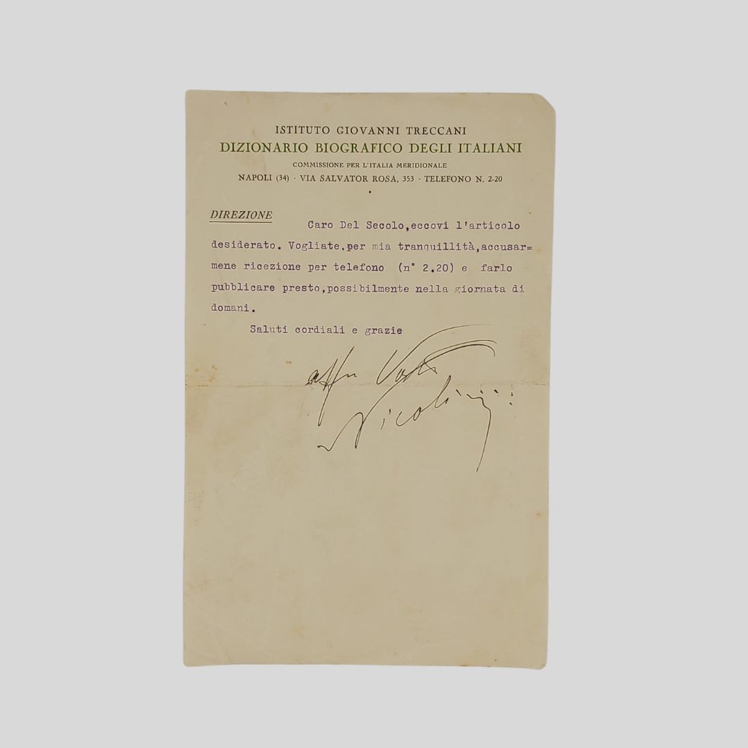 Lettera con firma autografa. Indirizzata al giornalista Floriano Del Secolo.