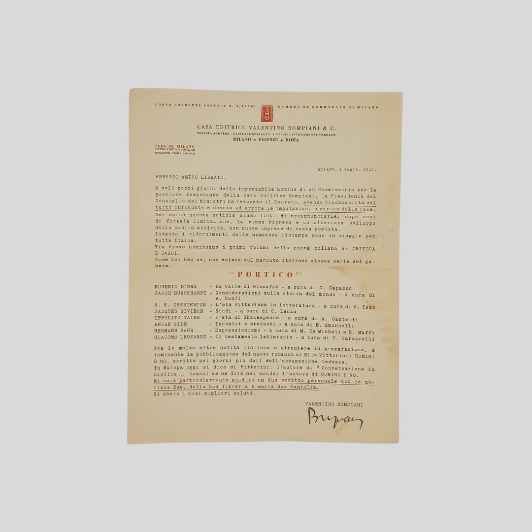 Lettera dattiloscritta con firma autografa, indirizzata a “Egregio amico libraio” …