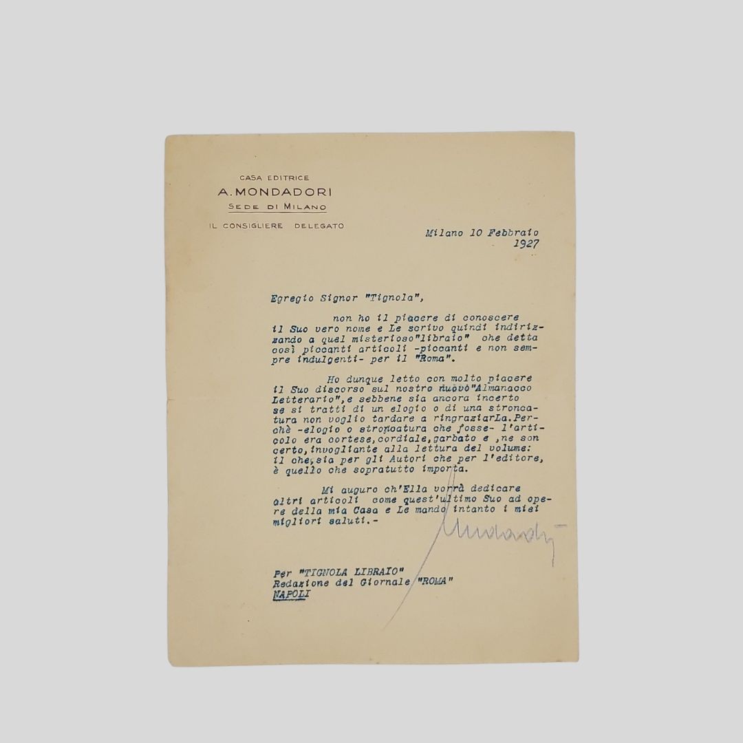 Lettera dattiloscritta con firma autografa, indirizzata a «”Tignola, Libraio” [pseud. …