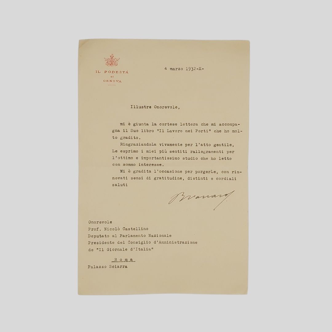 Lettera dattiloscritta con firma autografa indirizzata al deputato e presidente …