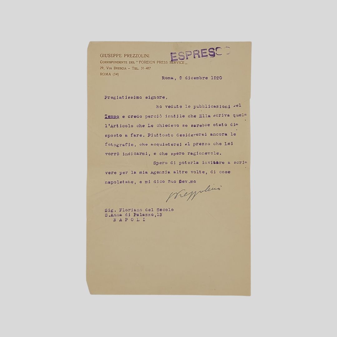 Lettera dattiloscritta con firma autografa. Indirizzata al giornalista Floriano Del …