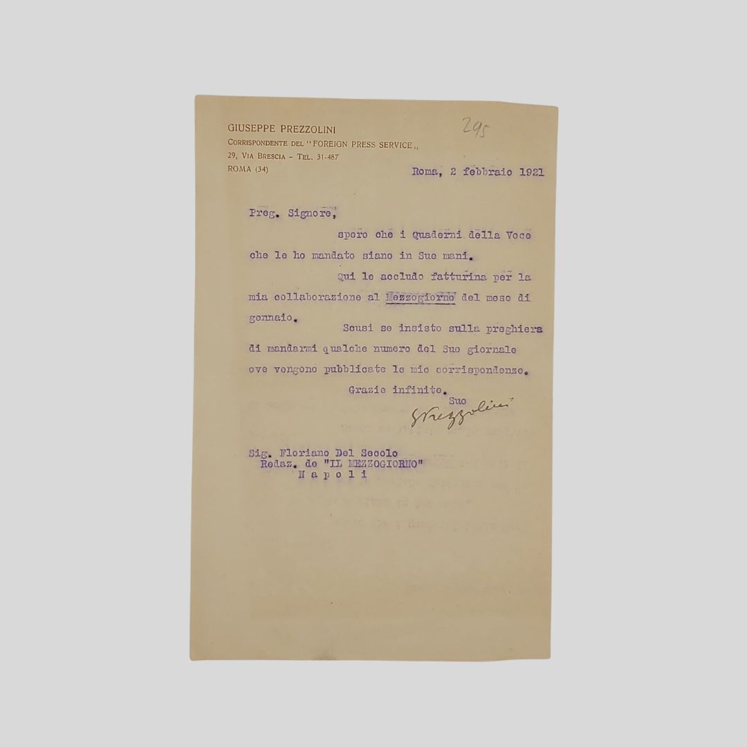 Lettera dattiloscritta con firma autografa. Indirizzata al giornalista Floriano Del …