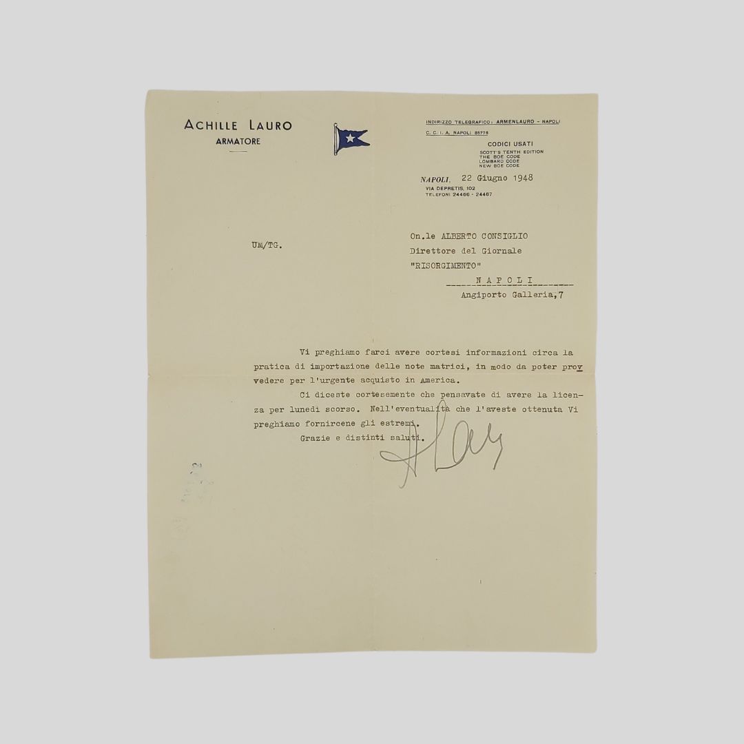 Lettera dattiloscritta con firma autografa indirizzata all’ On.le Alberto Consiglio, …