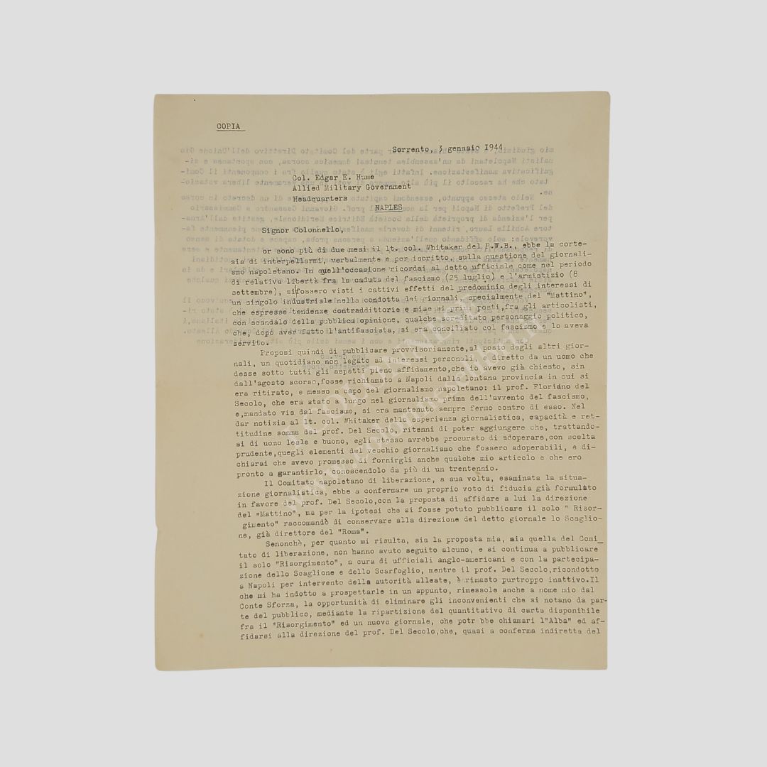 Lettera dattiloscritta non firmata. Indirizzata al Col. Edgar Erskine Hume …