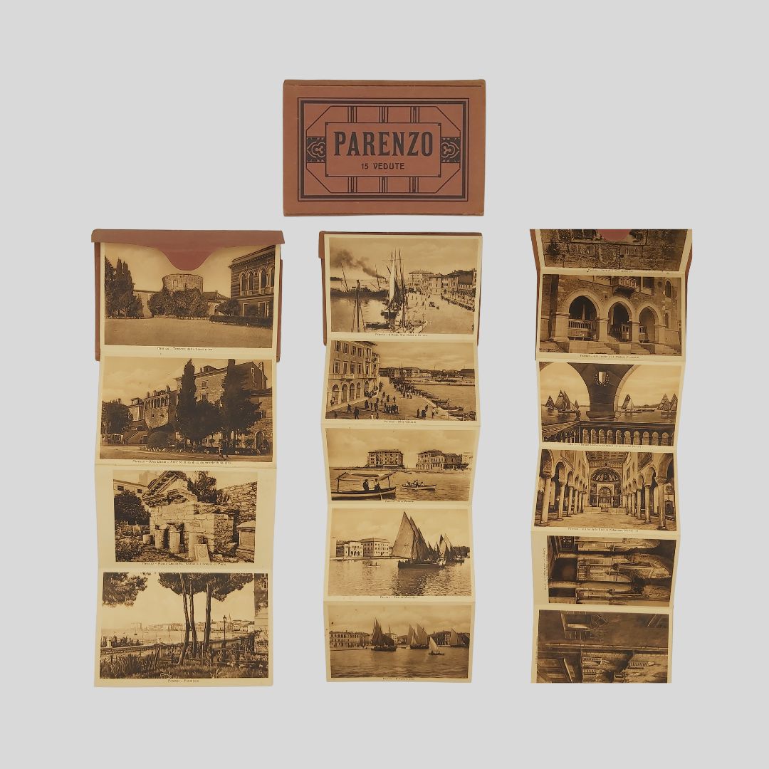 Parenzo. Libretto a fisarmonica (leporello) entro astuccio editoriale, contenente 15 …