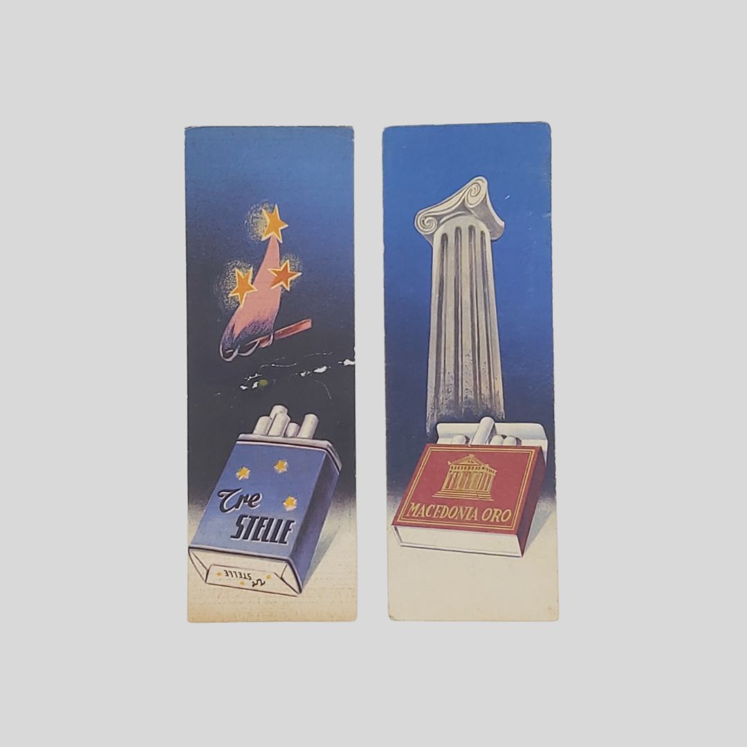 Pubblicità segnalibri sigarette. Tre Stelle, Macedonia Oro, Due Palme, Edelweiss.