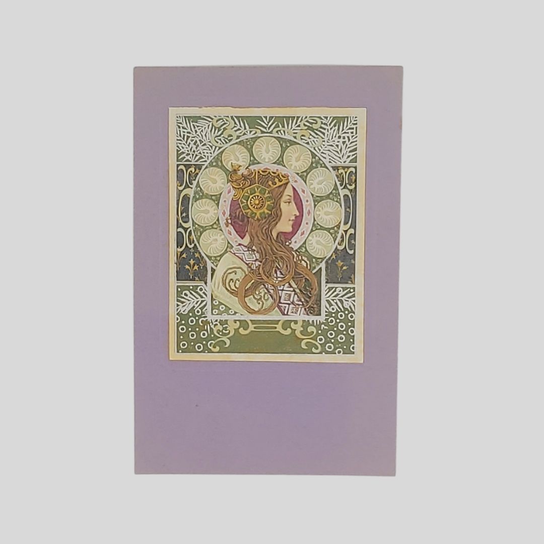 Testa bizantina. Art Nouveau. Donna castana alla maniera di Mucha.