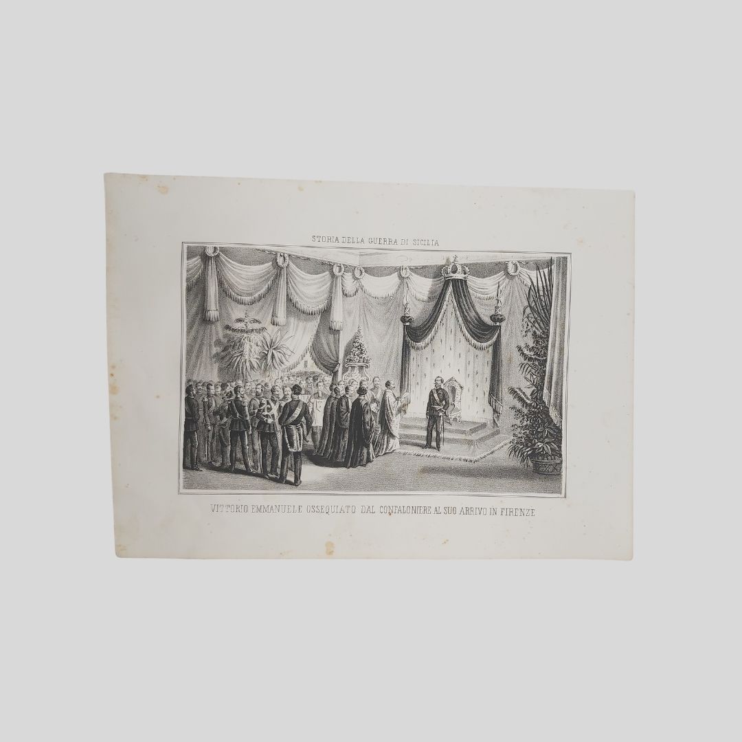 Vittorio Emanuele II, ossequiato dal confaloniere al suo arrivo a …