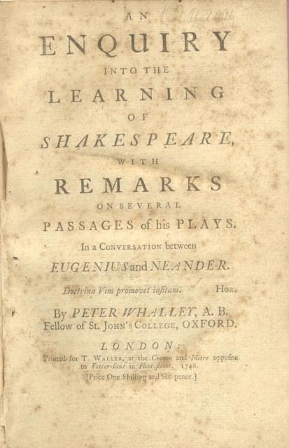 AN INQUIRY INTO THE LEARNING OF SHAKESPEARE. With Remarks on …