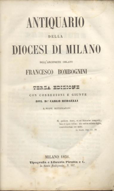 ANTIQUARIO DELLA DIOCESI DI MILANO. Terza edizione con correzioni e …