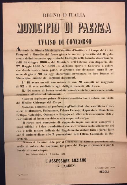 AVVISO DI CONCORSO PER ISTITUZIONE DEL CORPO DE' CIVICI POMPIERI …