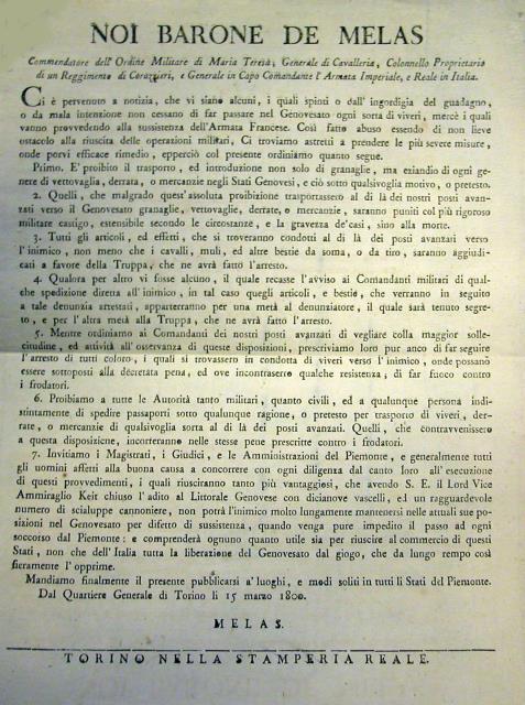 Bando ufficiale promulgato da Torino il 15 marzo 1800 dal …