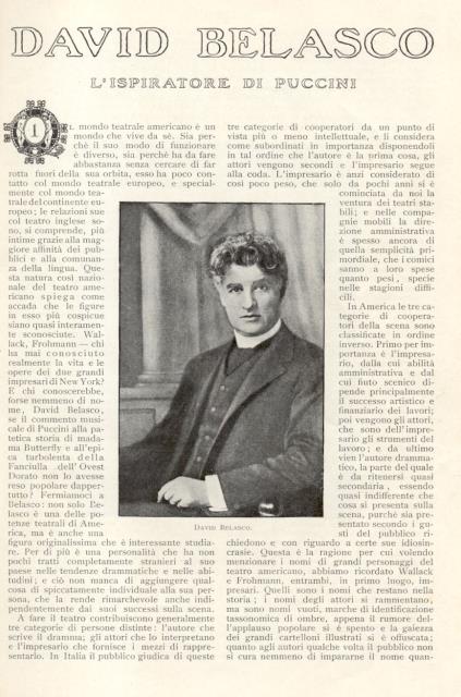 BELASCO ISPIRATORE DI PUCCINI. Estratto da "La Lettura", anno XI, …