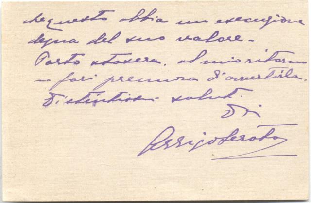 Biglietto autografo firmato del violoncellista Arrigo Serato.