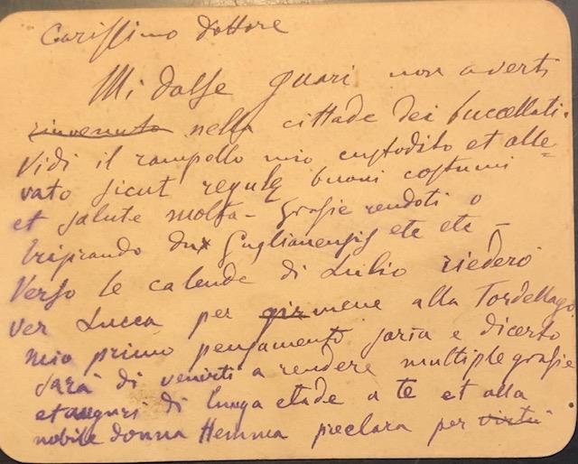 Biglietto autografo manoscritto contenente un divertente messaggio, parzialmente in latino …