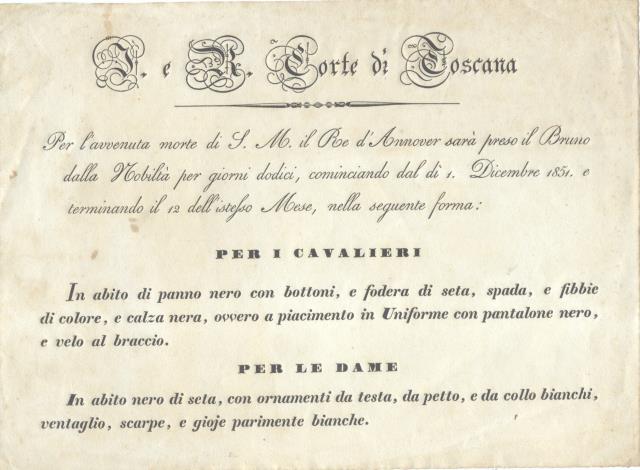 Biglietto originale contenente le indicazione per il lutto della Nobiltà …
