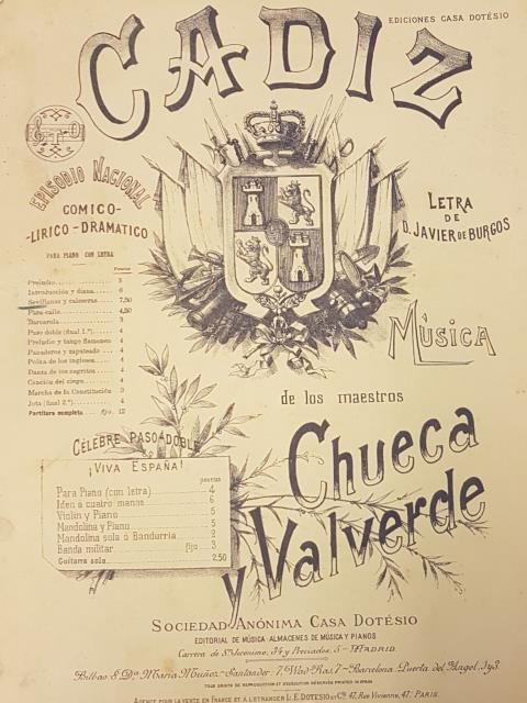 CADIZ. Zarzuela en 2 actos. "Duo, Sevillanas y caleseras" per …