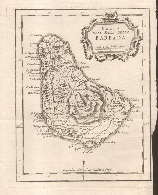 CARTA DELL'ISOLA DI BARBADA. Incisione originale.