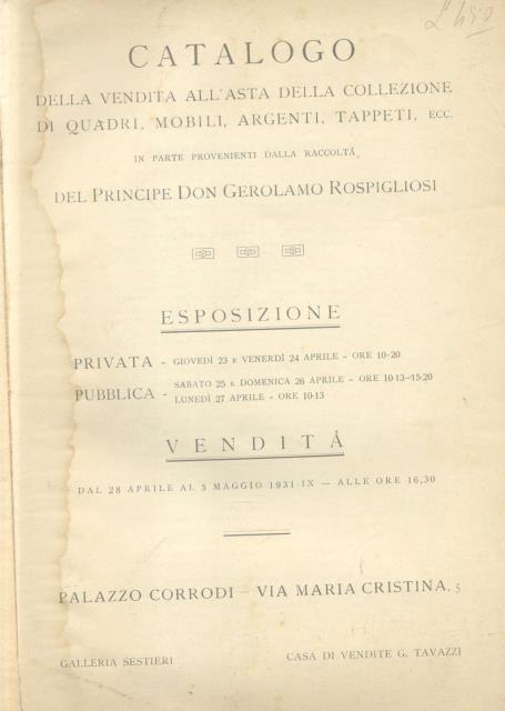 Catalogo della vendita all'asta della collezione di quadri, mobili, argenti, …
