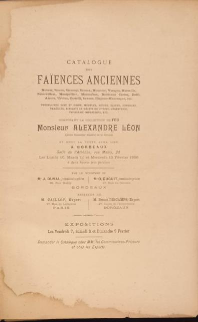 Catalogue des Faïences anciennes . composant la collection de Feu …