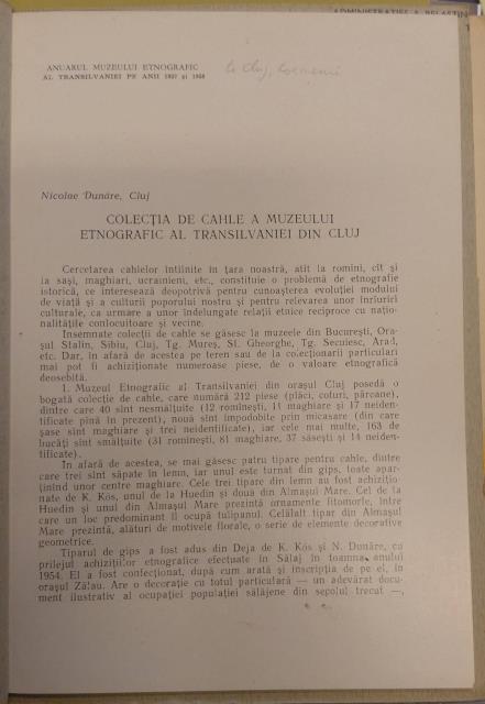 COLECTIA DE CAHLE A MUSEULUI ETNOGRAFIC AL TRANSILVANIEI DIN CLUJ. …