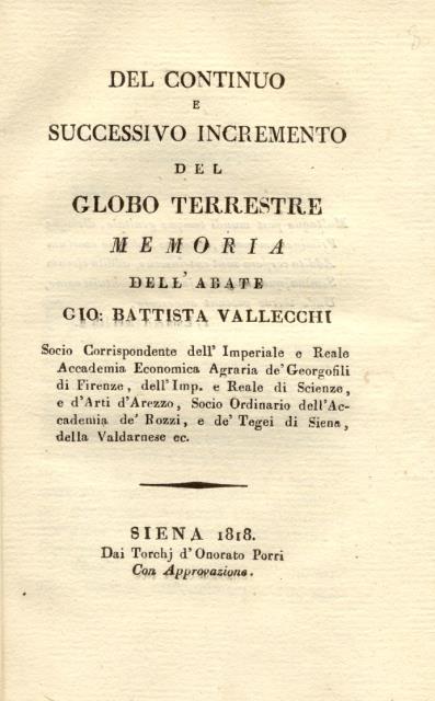 DEL CONTINUO E SUCCESSIVO INCREMENTO DEL GLOBO TERRESTRE. Memoria.