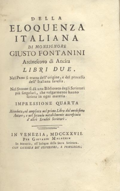 DELLA ELOQUENZA ITALIANA. Libri due. Nel Primo si tratta dell'origine, …