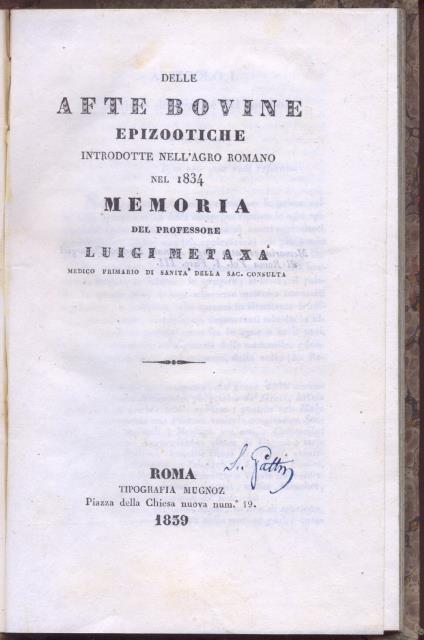 DELLE AFTE BOVINE EPIZOOTICHE INTRODOTTE NELL'AGRO ROMANO NEL 1834. Memoria.