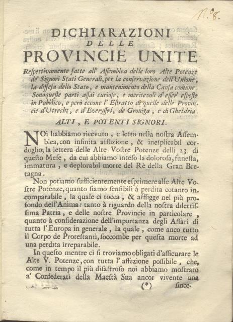 Dichiarazioni delle Provincie Unite respettivamente fatte all'Assemblea delle loro Alte …