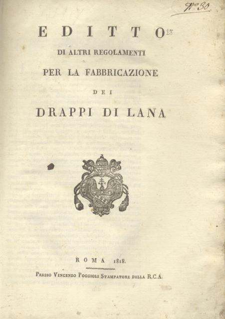 EDITTO DI ALTRI REGOLAMENTI PER LA FABBRICAZIONE DEI DRAPPI DI …