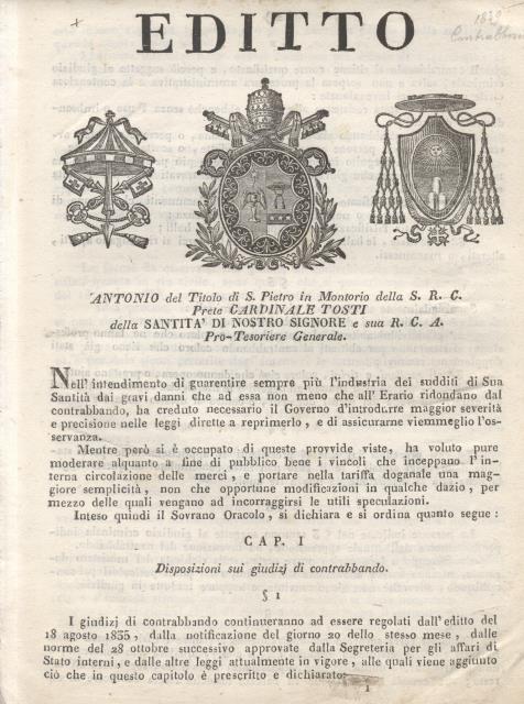 Editto pontificio originale in tema di lotta al contrabbando.