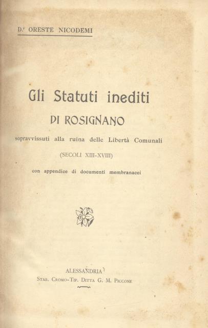 GLI STATUTI INEDITI DI ROSIGNANO [MONFERRATO]. Sopravvissuti alla ruina delle …