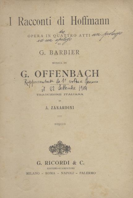 I RACCONTI DI HOFFMANN (1881). Libretto d'Opera. Opera in quattro …