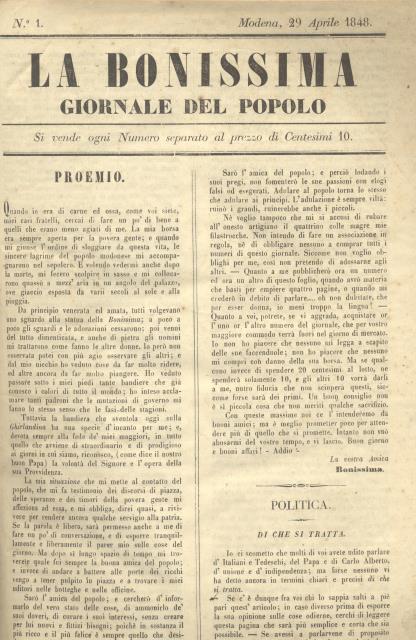 LA BONISSIMA. Giornale del popolo diretto da Antonio Cappelli. Pubblicazione …