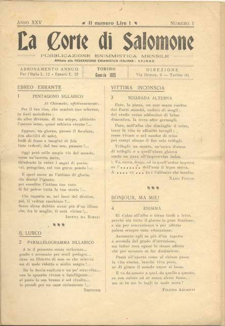 LA CORTE DI SALOMONE. Pubblicazione enimmistica mensile.