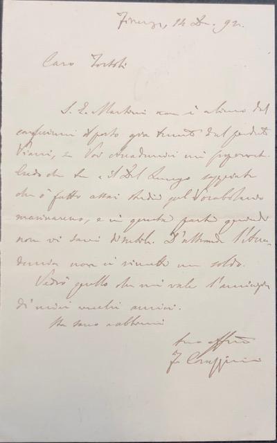 Lettera autografa firmata del filologo e patriotta Francesco Corazzini (Pieve …