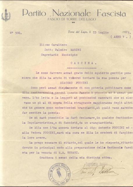 Lettera dattiloscritta su carta intestata del "Partito Nazionale Fascista - …