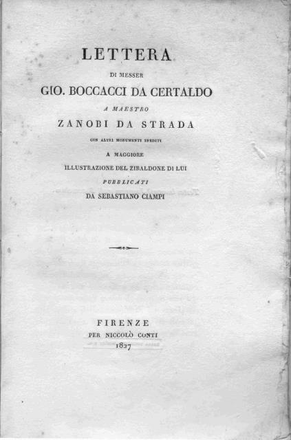 LETTERA DI MESSER GIO. BOCCACCI DA CERTALDO A MAESTRO ZANOBI …