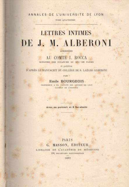 LETTRES INTIMES DE J.M. ALBERONI ADRESSÉES AU COMTE I. ROCCA, …