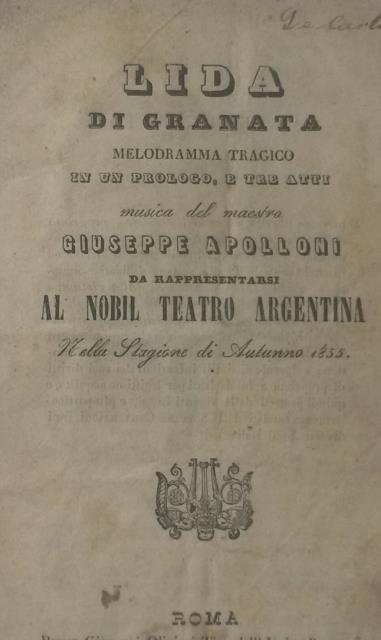 LIDA DI GRANATA (1855). Melodramma tragico in un Prologo e …