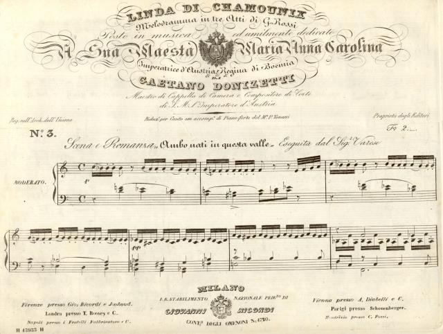 LINDA DI CHAMOUNIX (1842). Melodramma in tre atti di G.Rossi. …