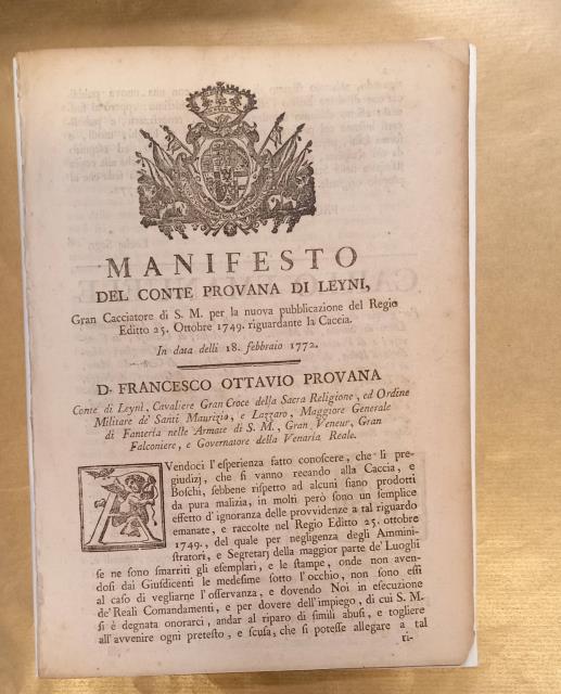 MANIFESTO DEL CONTE PROVANA DI LEYNI, GRAN CACCIATORE DI S.M., …